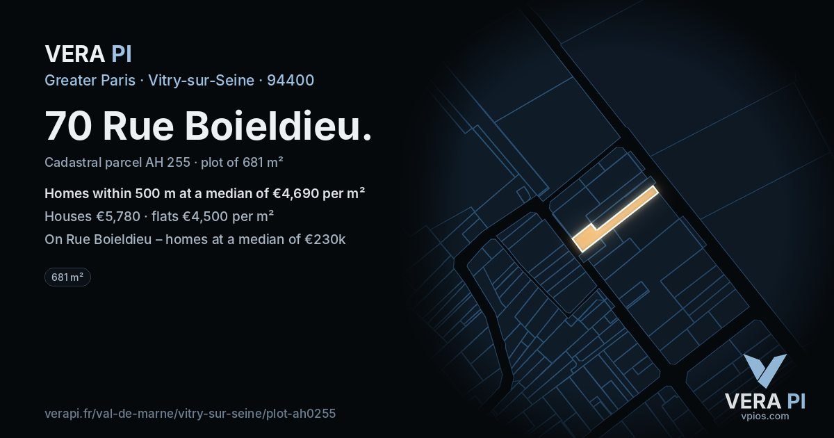 70 Rue Boieldieu, Vitry-sur-Seine at night – the plot lit, the parcels around coloured by the prices near them