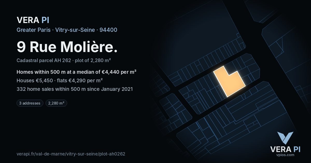 9 Rue Molière, Vitry-sur-Seine at night – the plot lit, the parcels around coloured by the prices near them