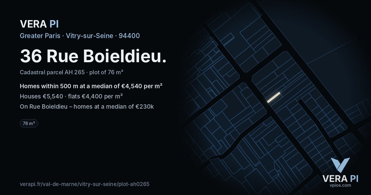 36 Rue Boieldieu, Vitry-sur-Seine at night – the plot lit, the parcels around coloured by the prices near them