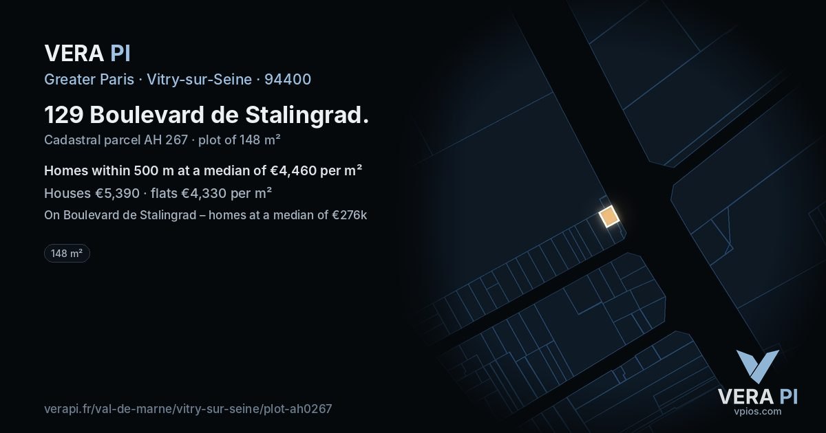 129 Boulevard de Stalingrad, Vitry-sur-Seine at night – the plot lit, the parcels around coloured by the prices near them