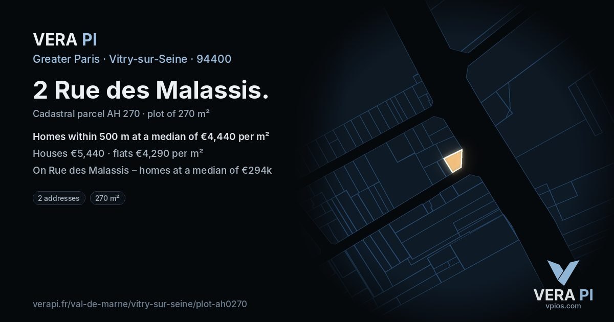 2 Rue des Malassis, Vitry-sur-Seine at night – the plot lit, the parcels around coloured by the prices near them