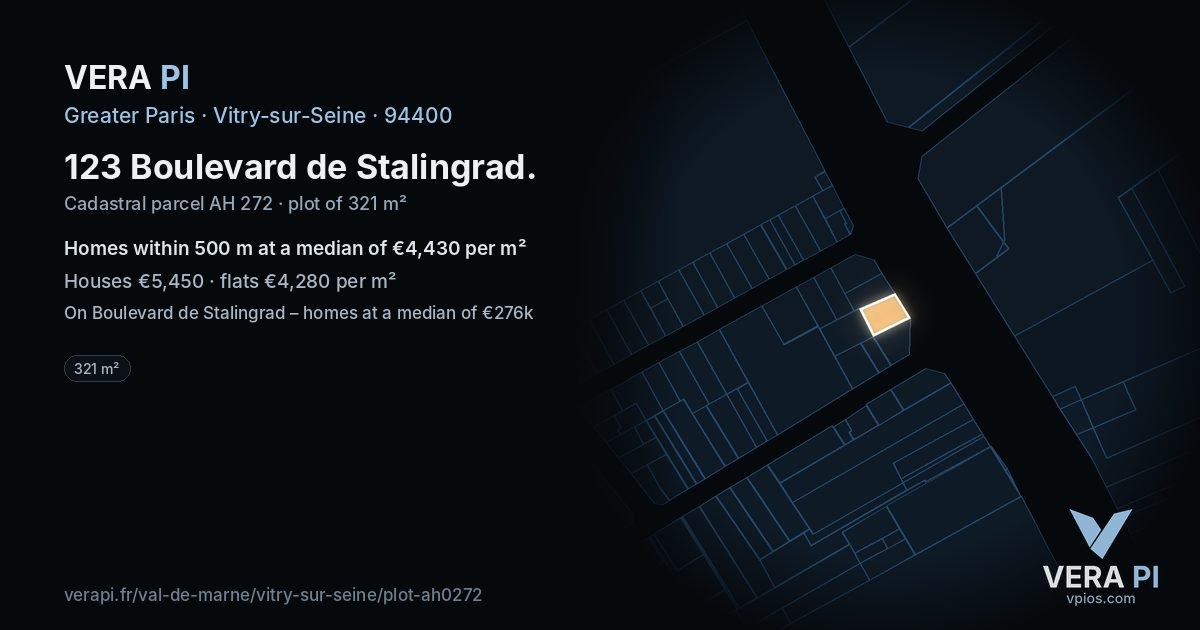 123 Boulevard de Stalingrad, Vitry-sur-Seine at night – the plot lit, the parcels around coloured by the prices near them