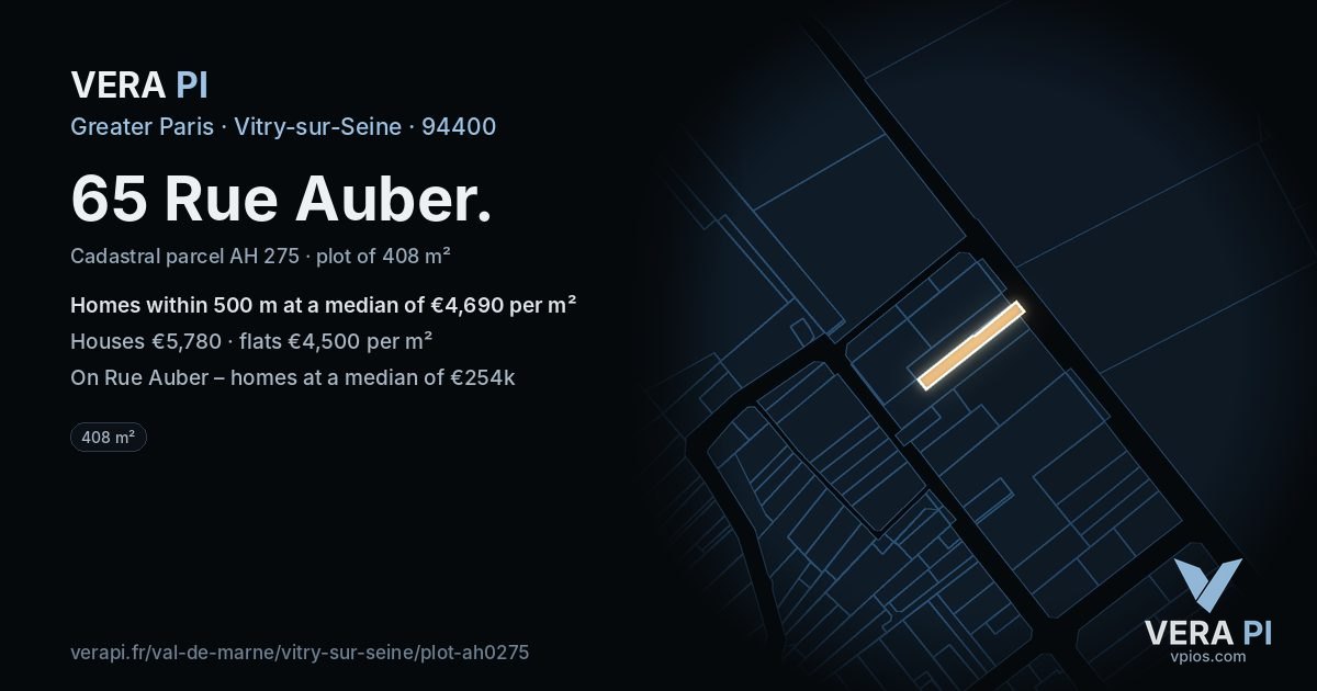 65 Rue Auber, Vitry-sur-Seine at night – the plot lit, the parcels around coloured by the prices near them