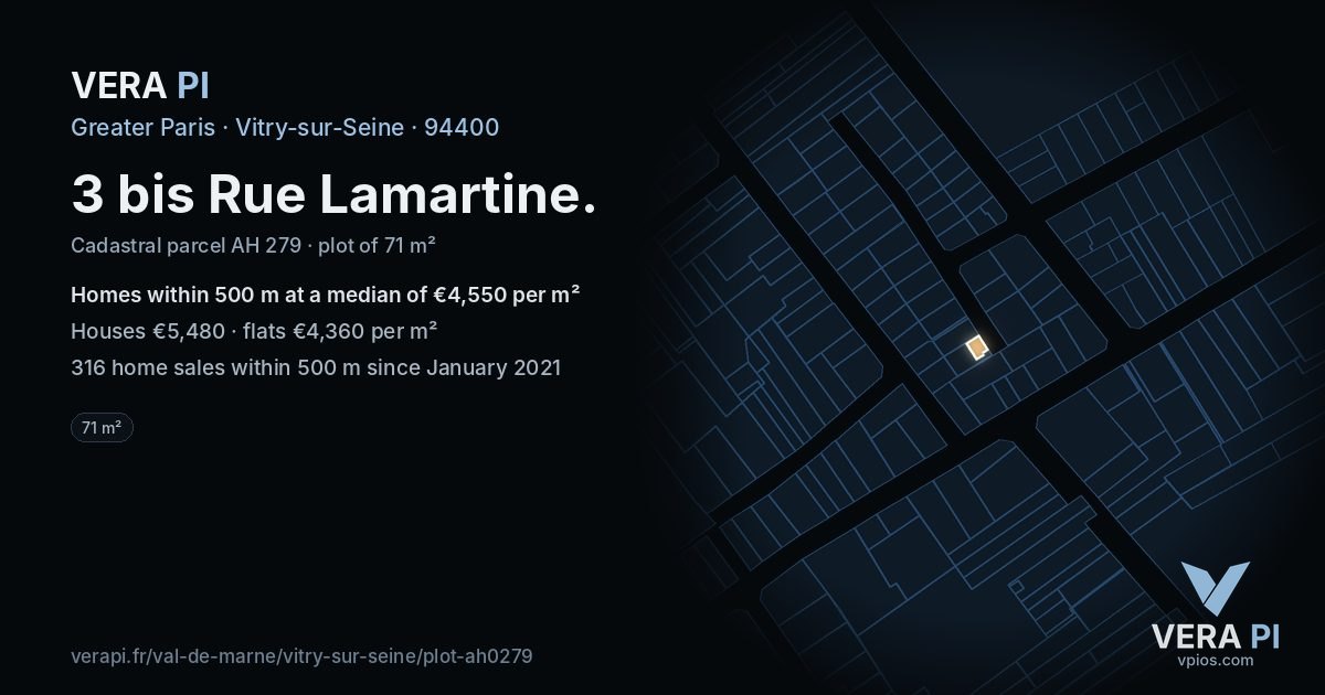 3 bis Rue Lamartine, Vitry-sur-Seine at night – the plot lit, the parcels around coloured by the prices near them