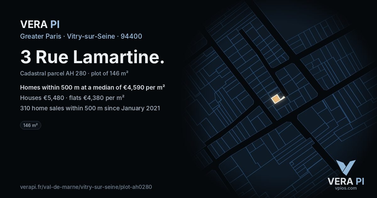 3 Rue Lamartine, Vitry-sur-Seine at night – the plot lit, the parcels around coloured by the prices near them