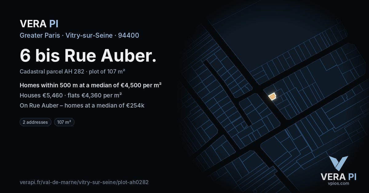 6 bis Rue Auber, Vitry-sur-Seine at night – the plot lit, the parcels around coloured by the prices near them