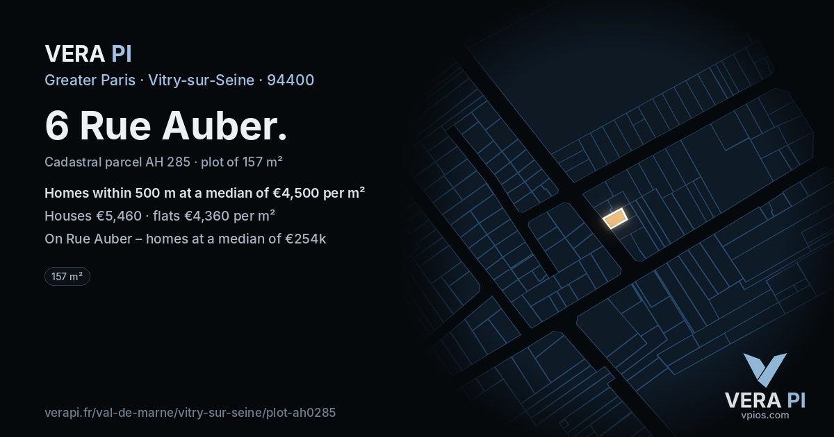 6 Rue Auber, Vitry-sur-Seine at night – the plot lit, the parcels around coloured by the prices near them