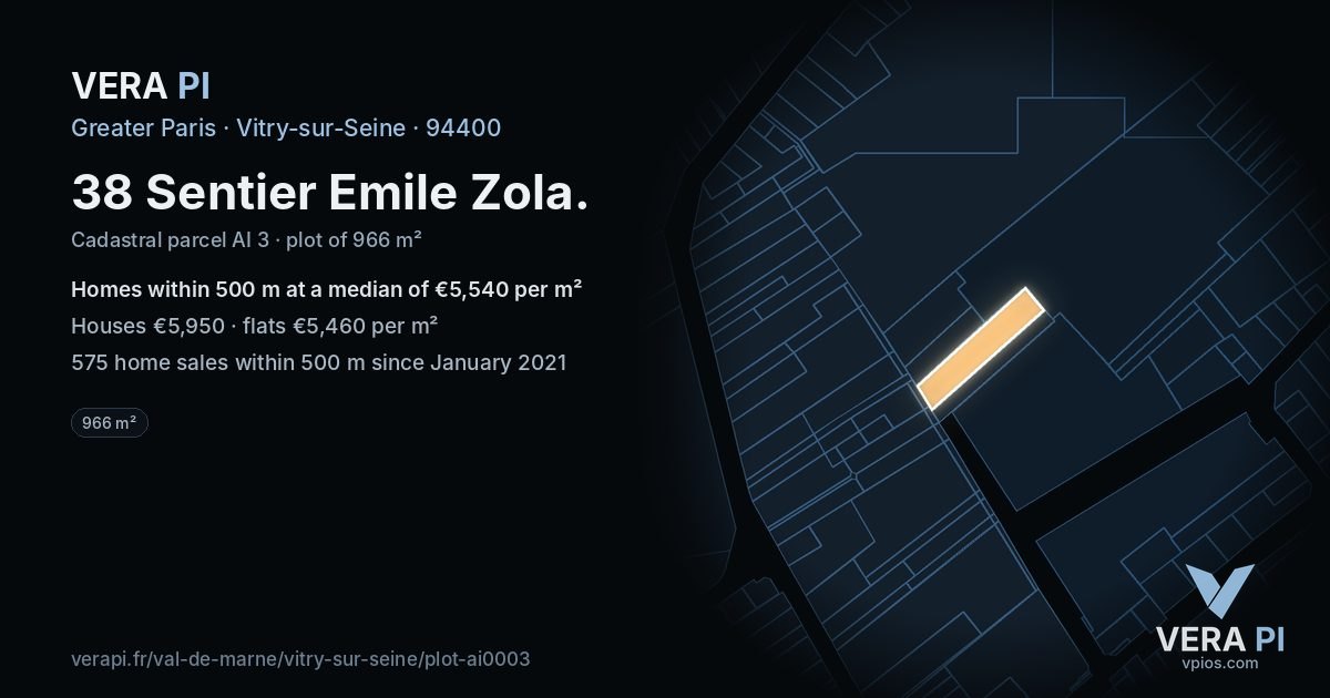 38 Sentier Emile Zola, Vitry-sur-Seine at night – the plot lit, the parcels around coloured by the prices near them