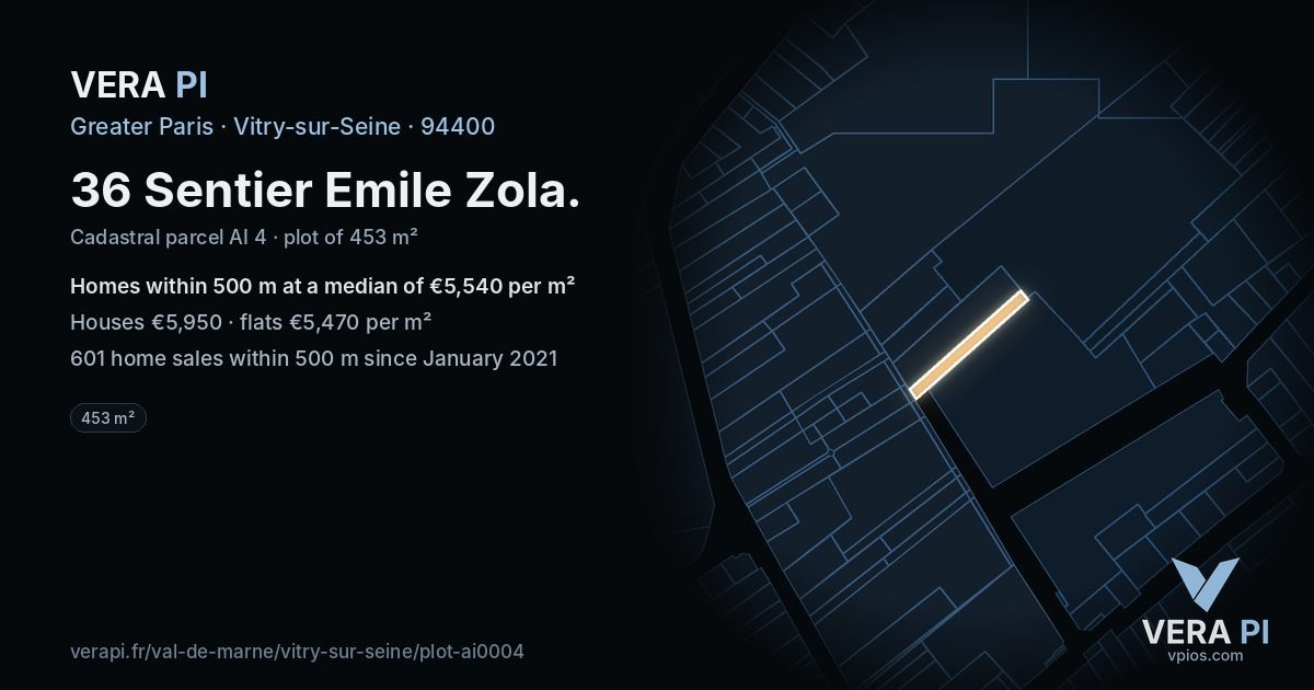 36 Sentier Emile Zola, Vitry-sur-Seine at night – the plot lit, the parcels around coloured by the prices near them