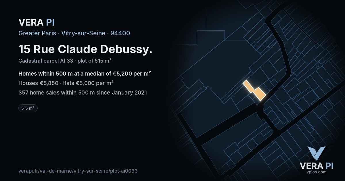 15 Rue Claude Debussy, Vitry-sur-Seine at night – the plot lit, the parcels around coloured by the prices near them
