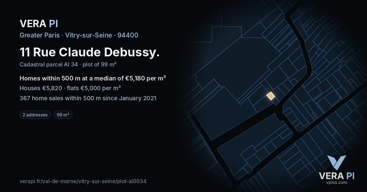 11 Rue Claude Debussy, Vitry-sur-Seine at night – the plot lit, the parcels around coloured by the prices near them