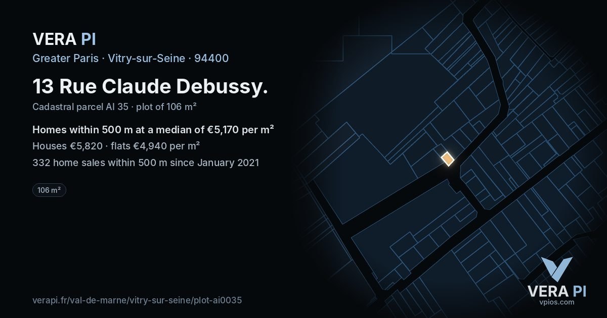 13 Rue Claude Debussy, Vitry-sur-Seine at night – the plot lit, the parcels around coloured by the prices near them