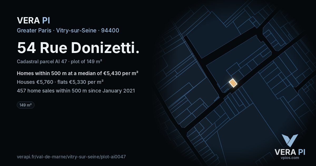 54 Rue Donizetti, Vitry-sur-Seine at night – the plot lit, the parcels around coloured by the prices near them