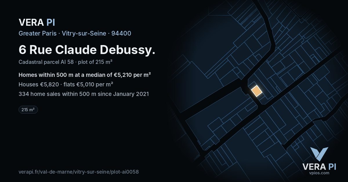 6 Rue Claude Debussy, Vitry-sur-Seine at night – the plot lit, the parcels around coloured by the prices near them