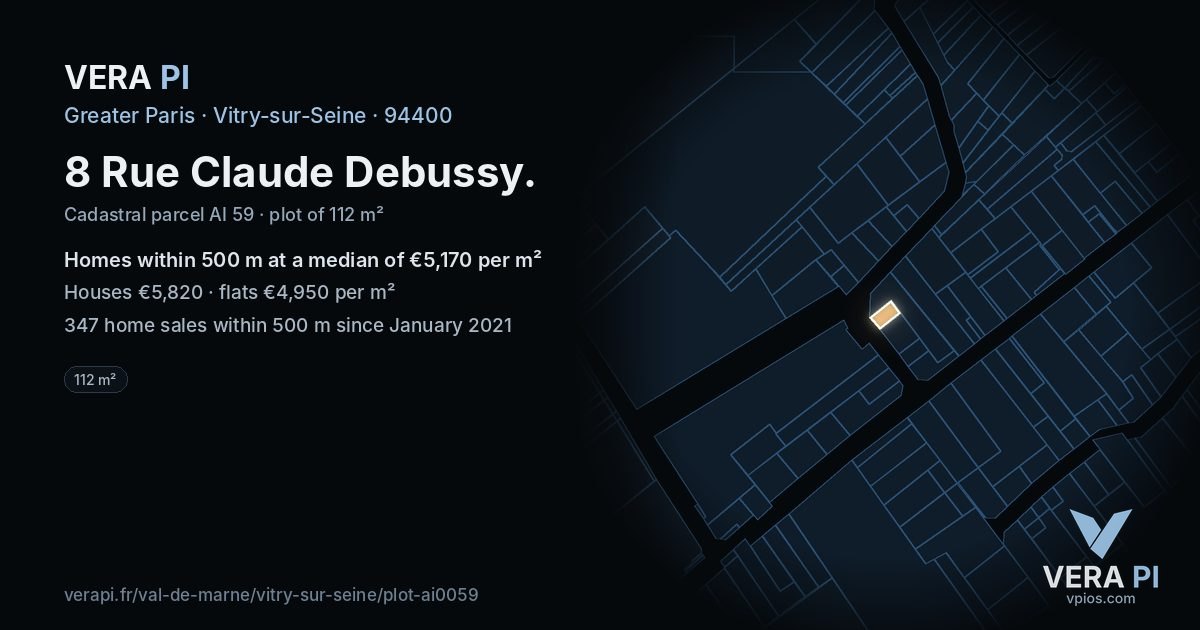 8 Rue Claude Debussy, Vitry-sur-Seine at night – the plot lit, the parcels around coloured by the prices near them