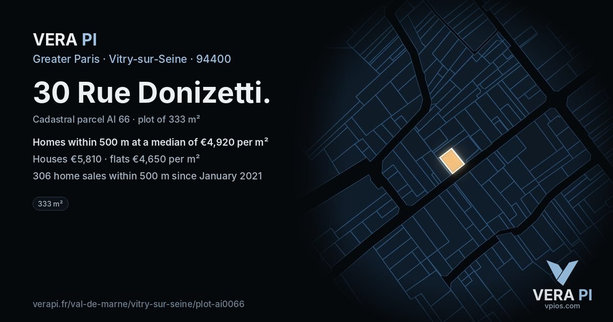 30 Rue Donizetti, Vitry-sur-Seine at night – the plot lit, the parcels around coloured by the prices near them