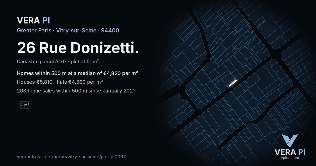 26 Rue Donizetti, Vitry-sur-Seine at night – the plot lit, the parcels around coloured by the prices near them