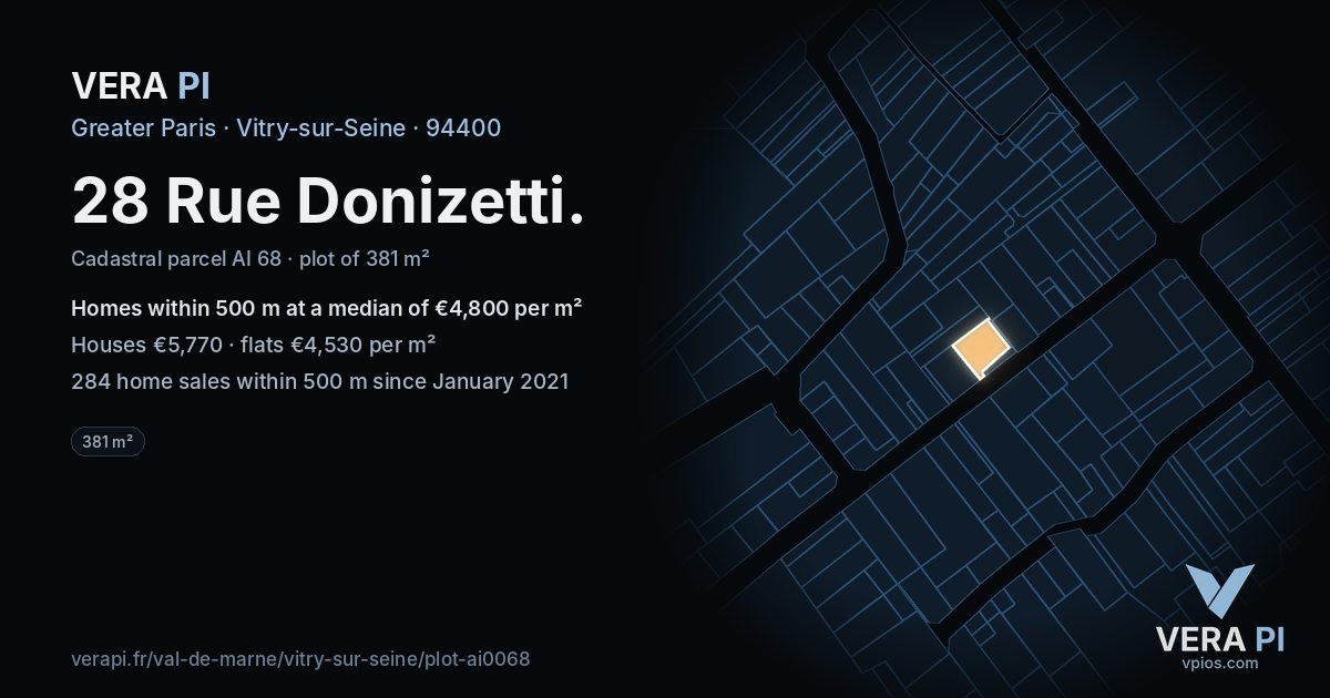 28 Rue Donizetti, Vitry-sur-Seine at night – the plot lit, the parcels around coloured by the prices near them
