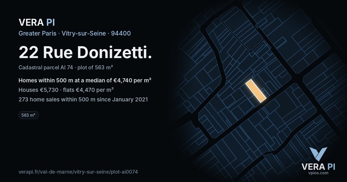 22 Rue Donizetti, Vitry-sur-Seine at night – the plot lit, the parcels around coloured by the prices near them