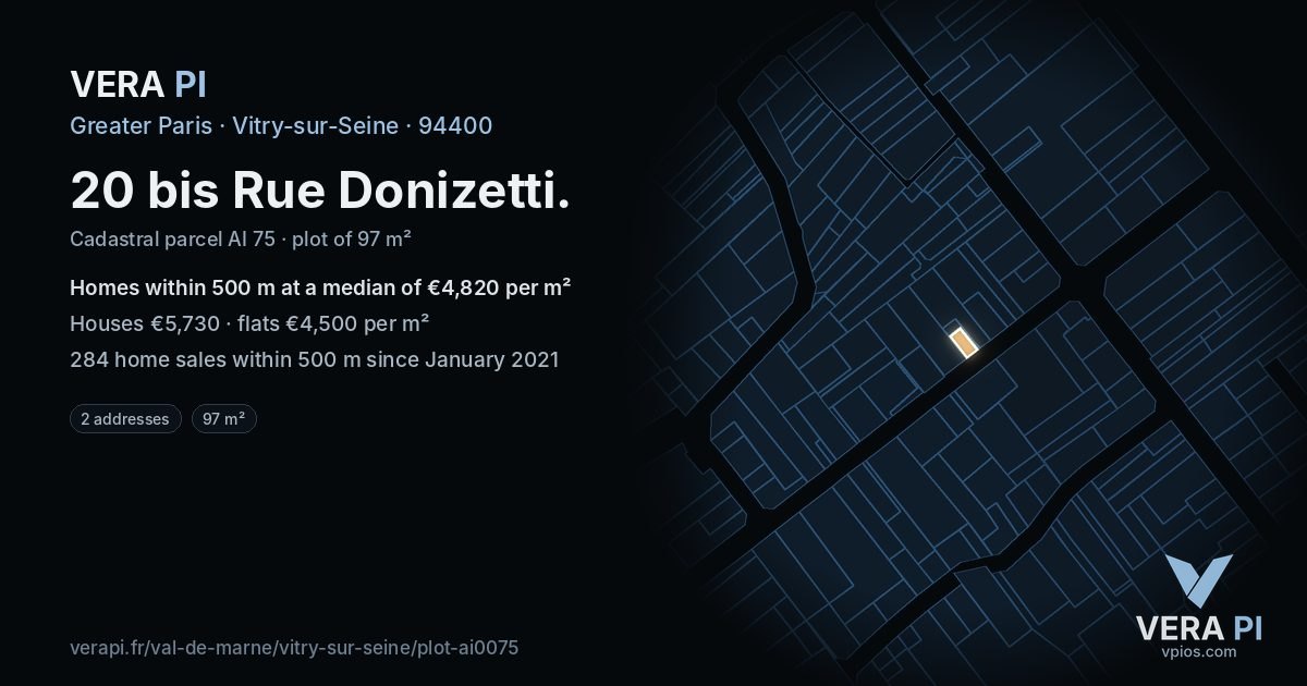 20 bis Rue Donizetti, Vitry-sur-Seine at night – the plot lit, the parcels around coloured by the prices near them