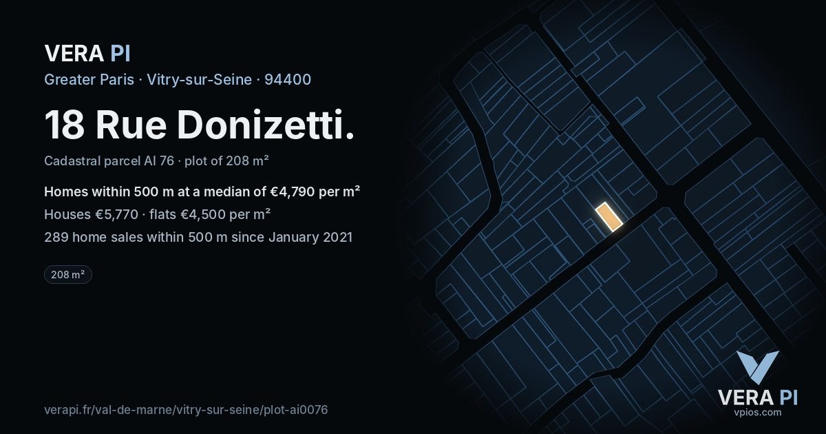 18 Rue Donizetti, Vitry-sur-Seine at night – the plot lit, the parcels around coloured by the prices near them