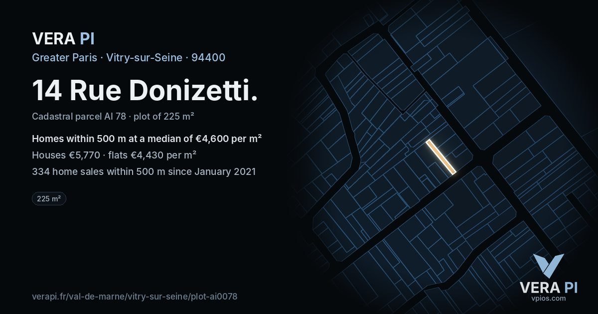 14 Rue Donizetti, Vitry-sur-Seine at night – the plot lit, the parcels around coloured by the prices near them
