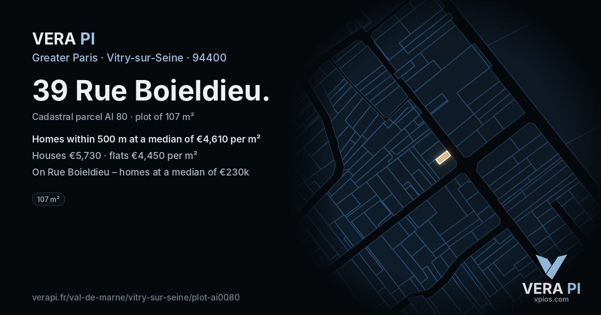 39 Rue Boieldieu, Vitry-sur-Seine at night – the plot lit, the parcels around coloured by the prices near them