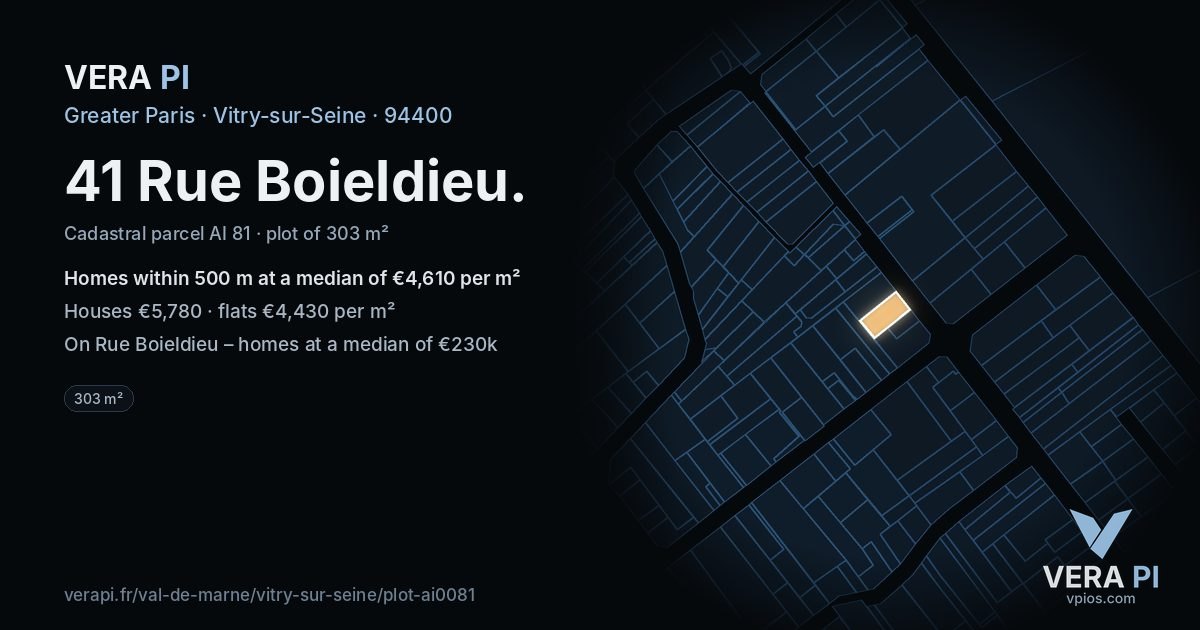 41 Rue Boieldieu, Vitry-sur-Seine at night – the plot lit, the parcels around coloured by the prices near them