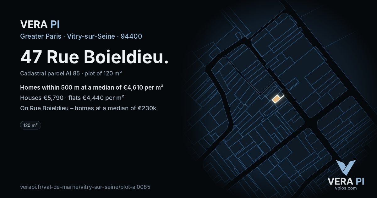 47 Rue Boieldieu, Vitry-sur-Seine at night – the plot lit, the parcels around coloured by the prices near them