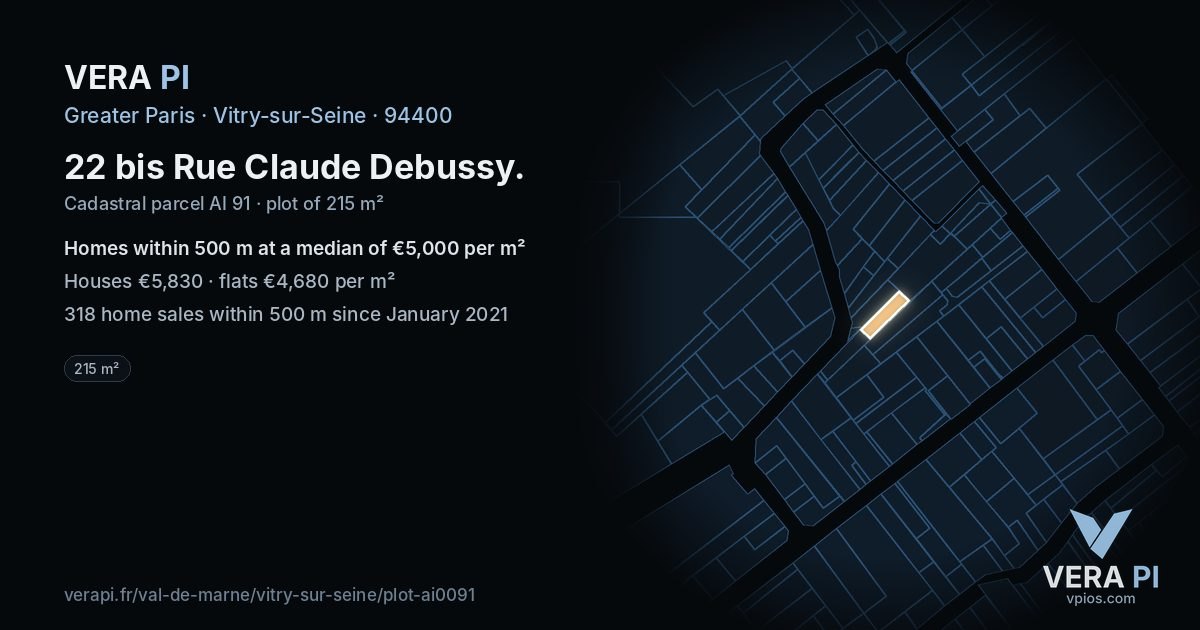 22 bis Rue Claude Debussy, Vitry-sur-Seine at night – the plot lit, the parcels around coloured by the prices near them