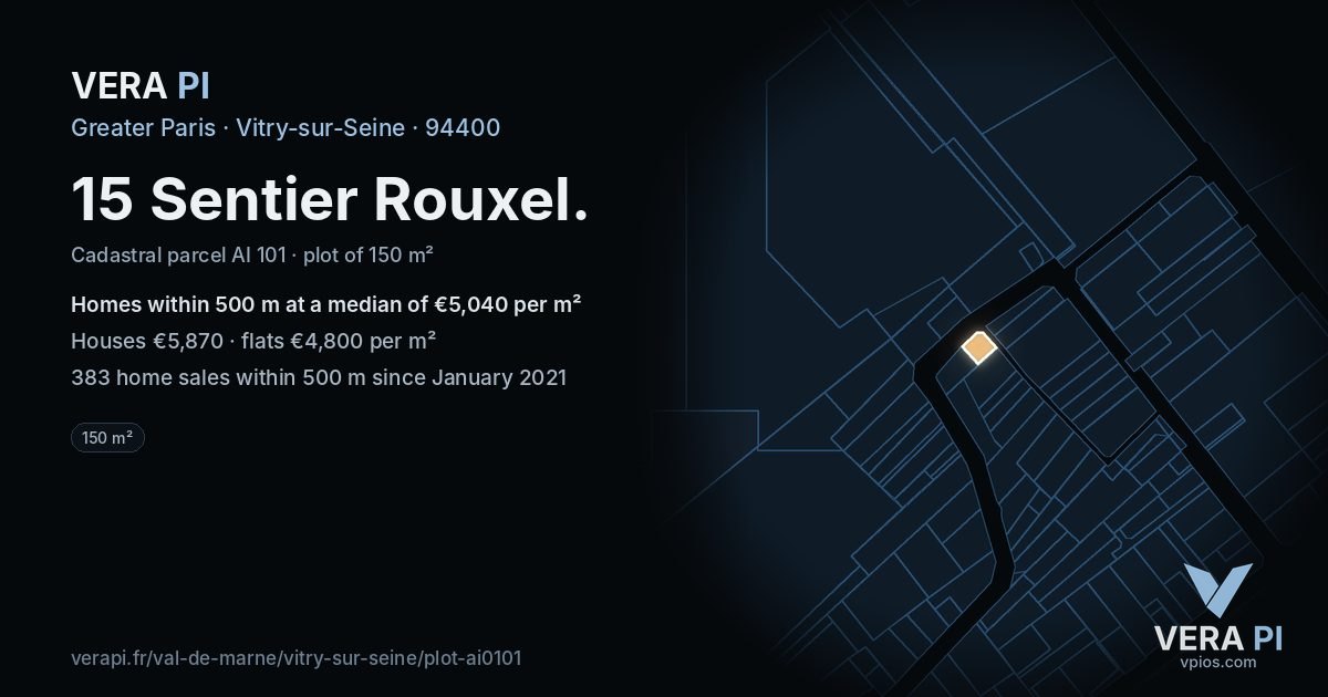 15 Sentier Rouxel, Vitry-sur-Seine at night – the plot lit, the parcels around coloured by the prices near them