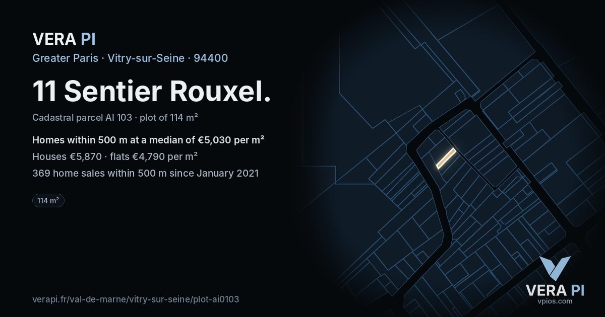 11 Sentier Rouxel, Vitry-sur-Seine at night – the plot lit, the parcels around coloured by the prices near them