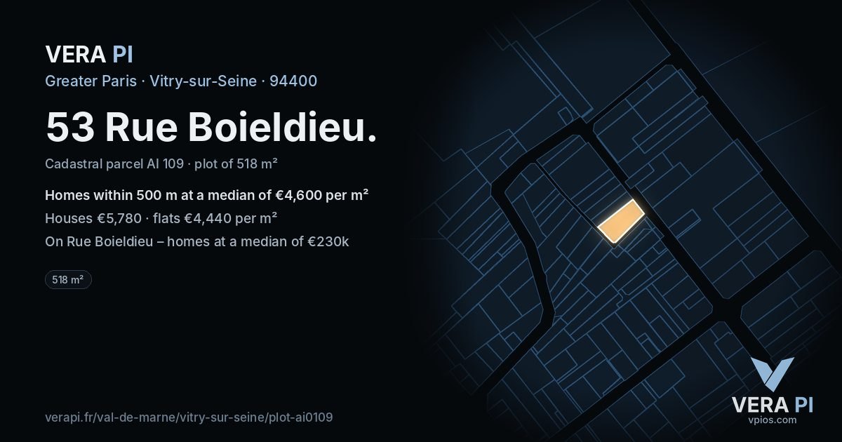 53 Rue Boieldieu, Vitry-sur-Seine at night – the plot lit, the parcels around coloured by the prices near them