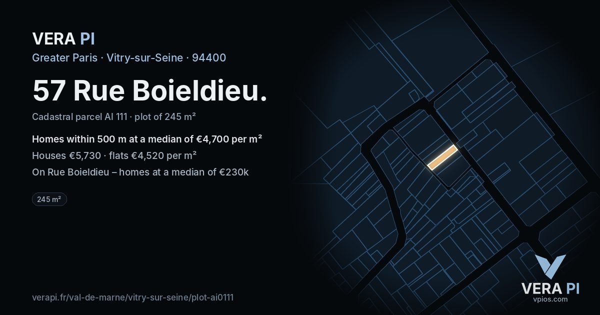 57 Rue Boieldieu, Vitry-sur-Seine at night – the plot lit, the parcels around coloured by the prices near them