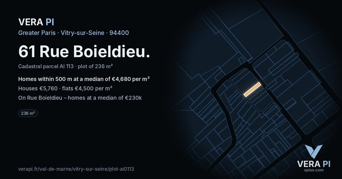 61 Rue Boieldieu, Vitry-sur-Seine at night – the plot lit, the parcels around coloured by the prices near them