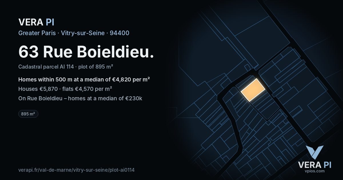 63 Rue Boieldieu, Vitry-sur-Seine at night – the plot lit, the parcels around coloured by the prices near them