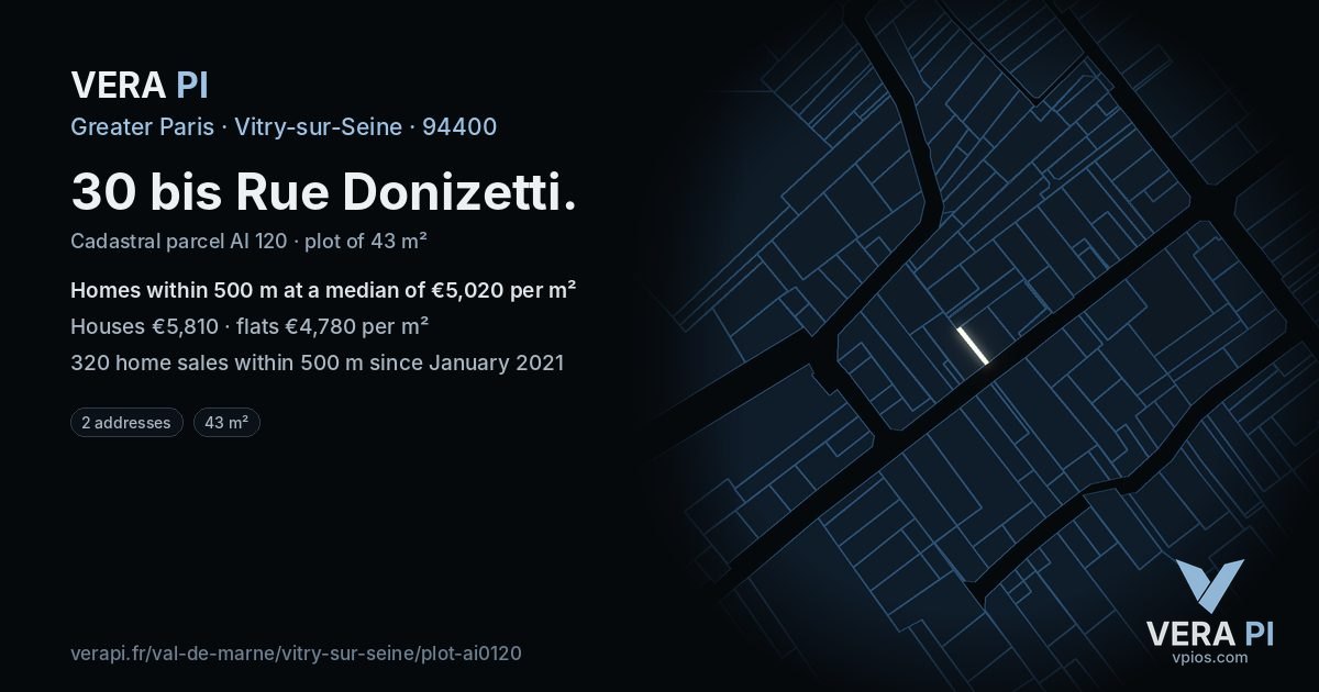 30 bis Rue Donizetti, Vitry-sur-Seine at night – the plot lit, the parcels around coloured by the prices near them