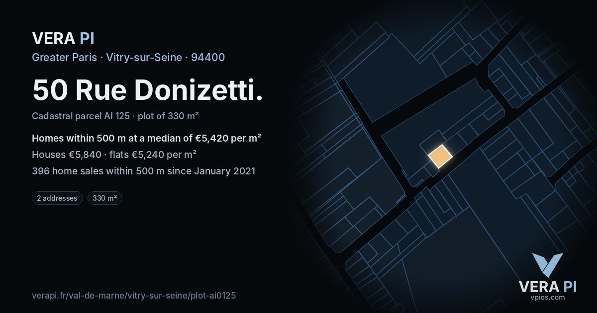 50 Rue Donizetti, Vitry-sur-Seine at night – the plot lit, the parcels around coloured by the prices near them