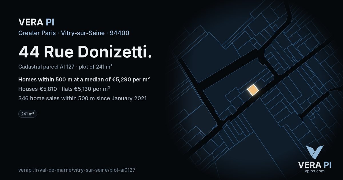 44 Rue Donizetti, Vitry-sur-Seine at night – the plot lit, the parcels around coloured by the prices near them