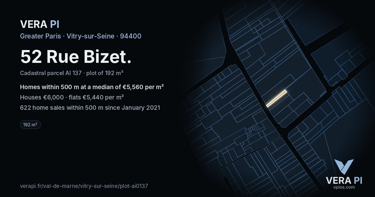 52 Rue Bizet, Vitry-sur-Seine at night – the plot lit, the parcels around coloured by the prices near them