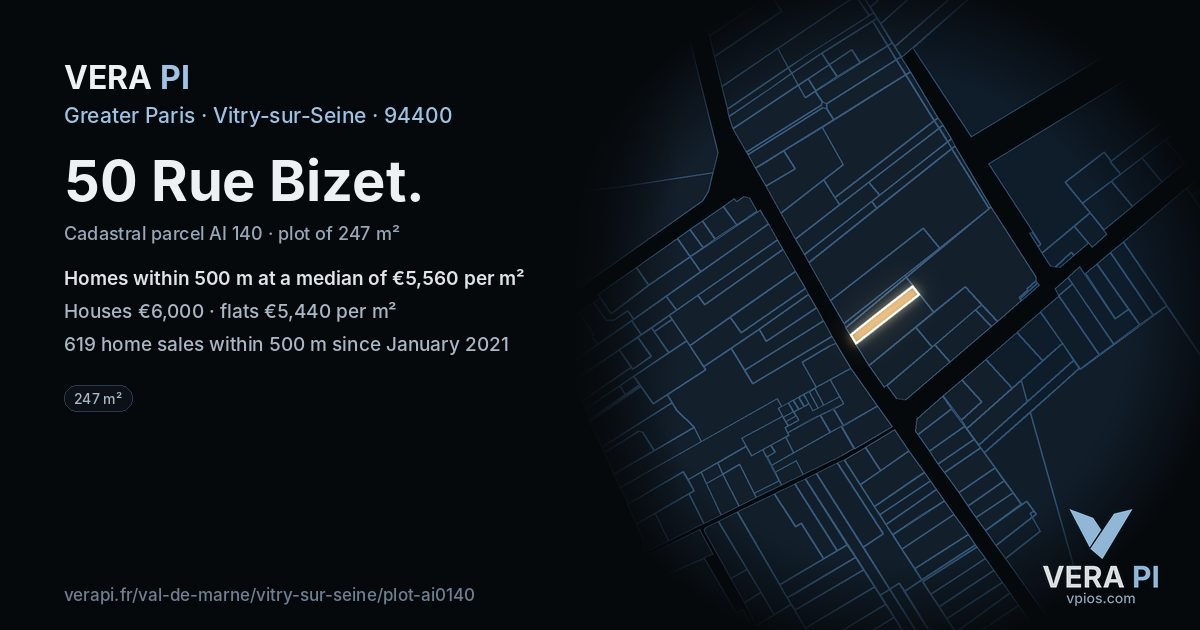 50 Rue Bizet, Vitry-sur-Seine at night – the plot lit, the parcels around coloured by the prices near them