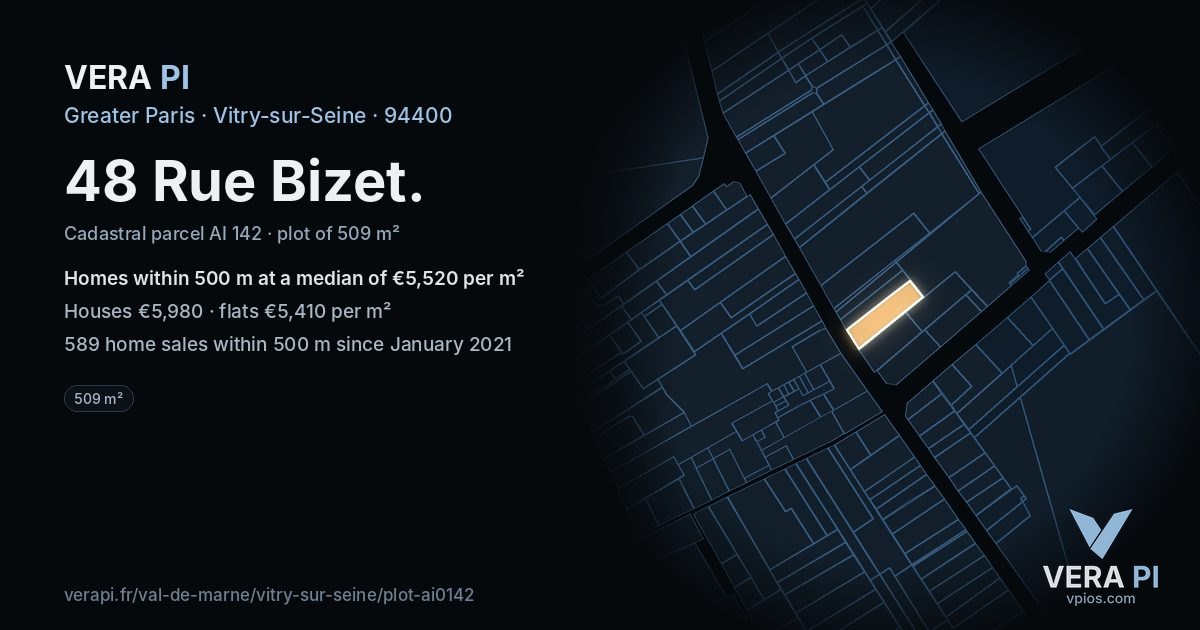 48 Rue Bizet, Vitry-sur-Seine at night – the plot lit, the parcels around coloured by the prices near them