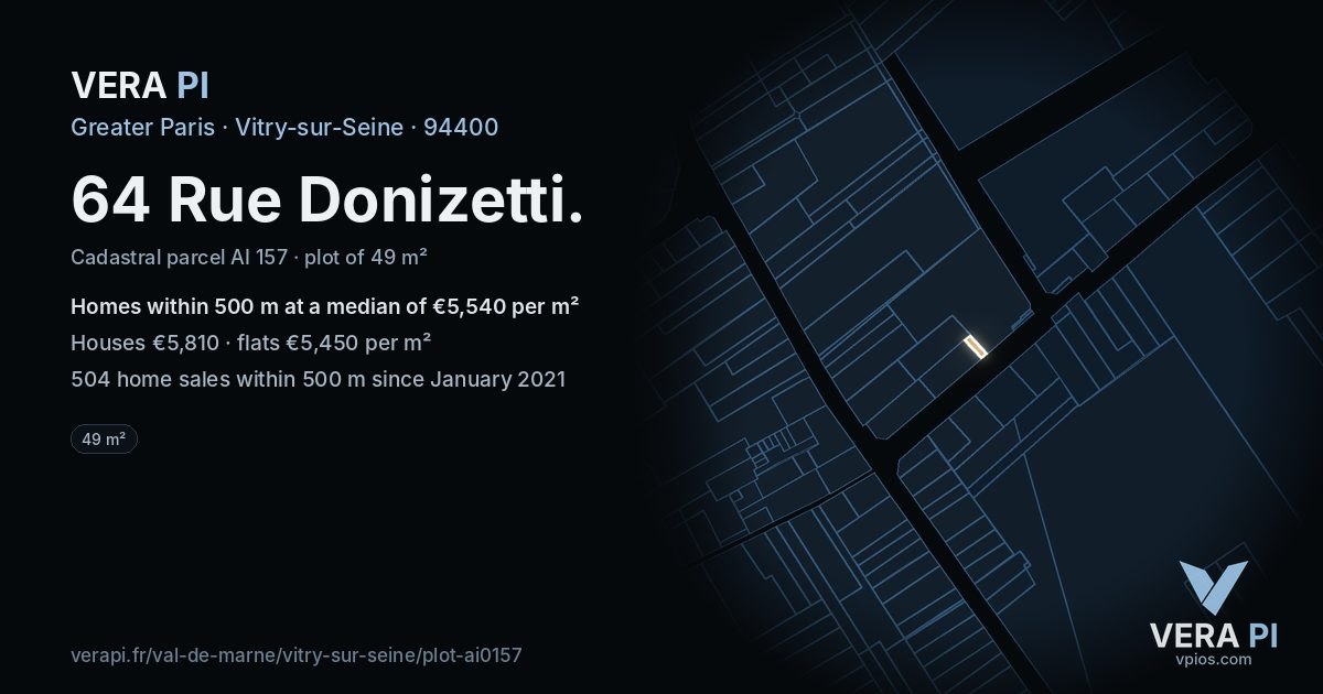 64 Rue Donizetti, Vitry-sur-Seine at night – the plot lit, the parcels around coloured by the prices near them