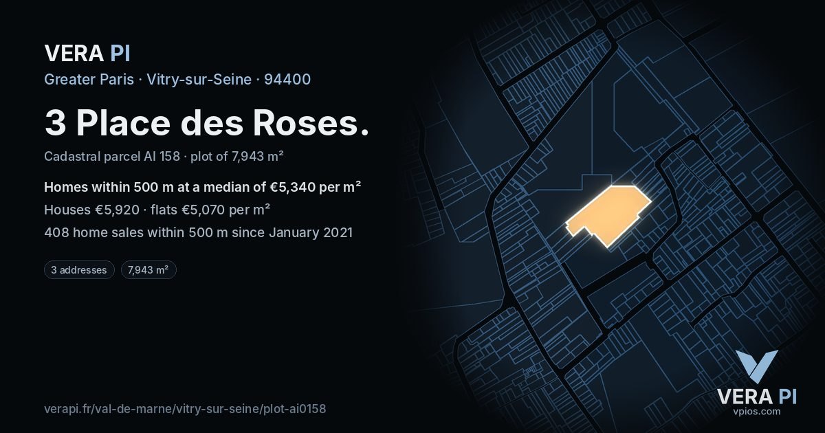 3 Place des Roses, Vitry-sur-Seine at night – the plot lit, the parcels around coloured by the prices near them