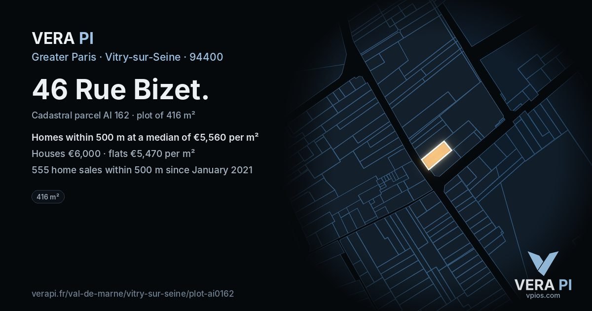 46 Rue Bizet, Vitry-sur-Seine at night – the plot lit, the parcels around coloured by the prices near them
