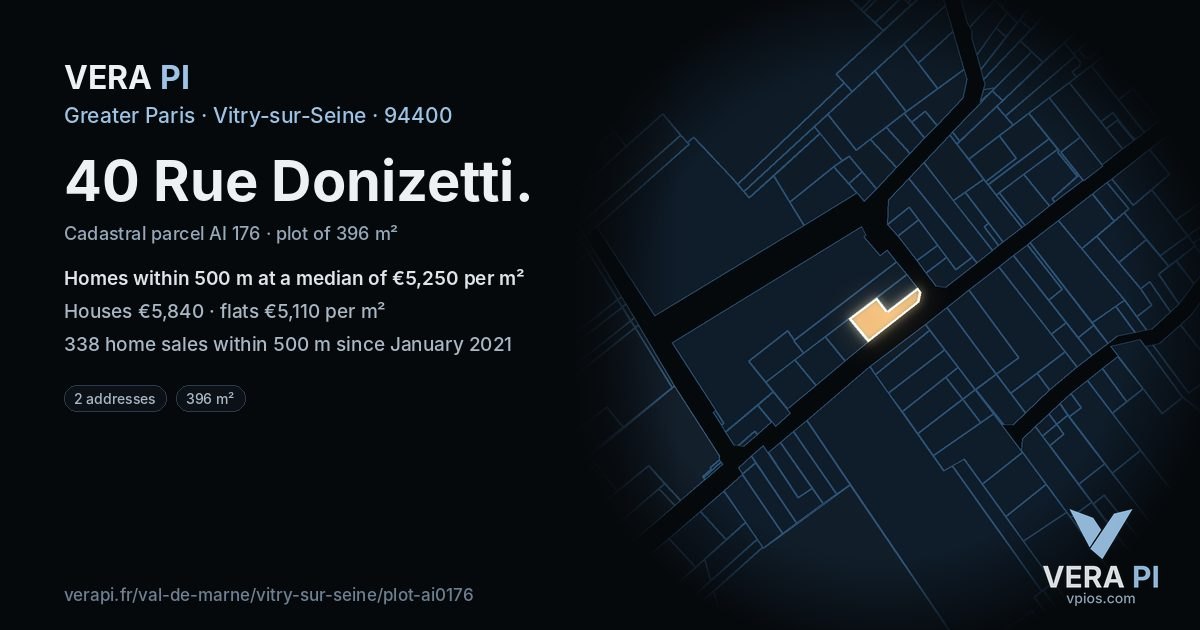 40 Rue Donizetti, Vitry-sur-Seine at night – the plot lit, the parcels around coloured by the prices near them