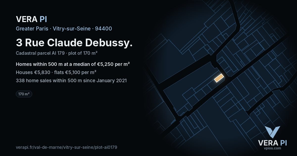 3 Rue Claude Debussy, Vitry-sur-Seine at night – the plot lit, the parcels around coloured by the prices near them