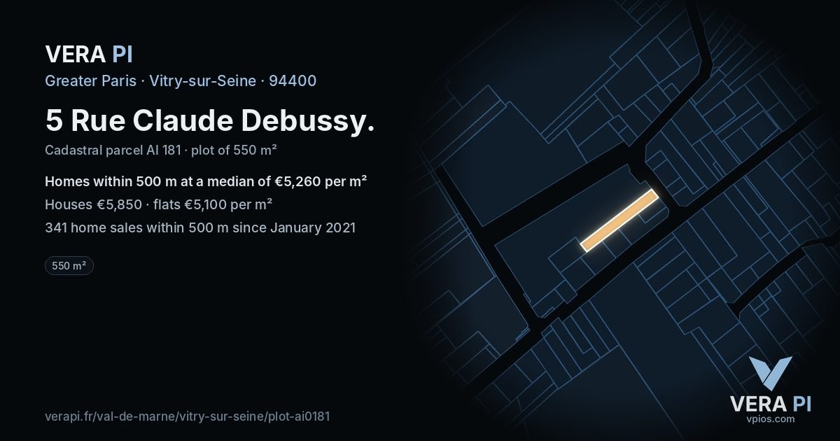 5 Rue Claude Debussy, Vitry-sur-Seine at night – the plot lit, the parcels around coloured by the prices near them
