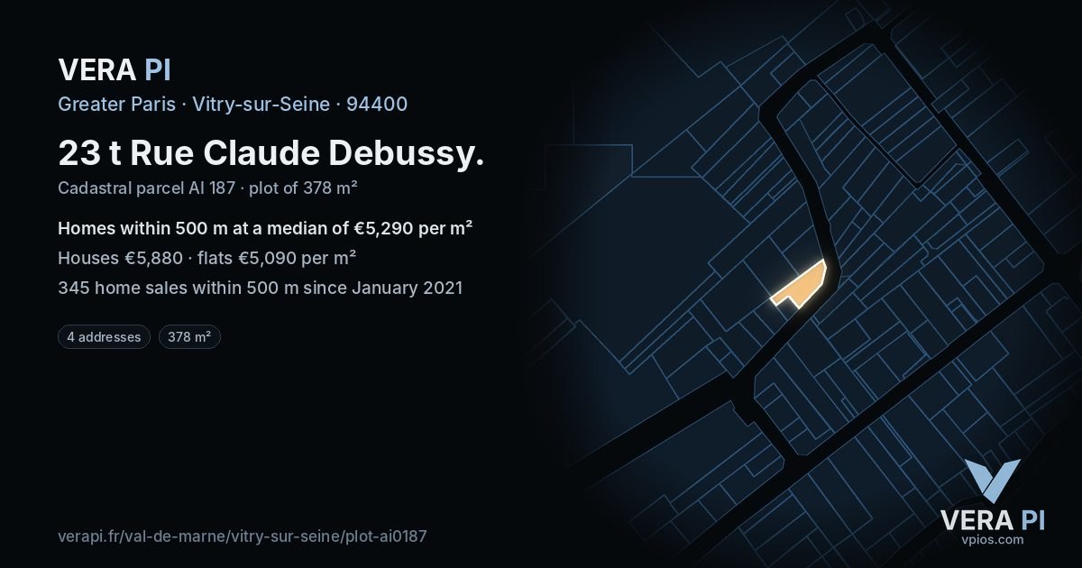 23 t Rue Claude Debussy, Vitry-sur-Seine at night – the plot lit, the parcels around coloured by the prices near them