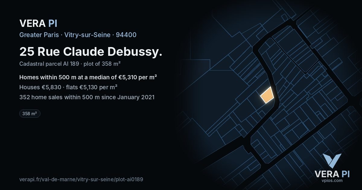 25 Rue Claude Debussy, Vitry-sur-Seine at night – the plot lit, the parcels around coloured by the prices near them
